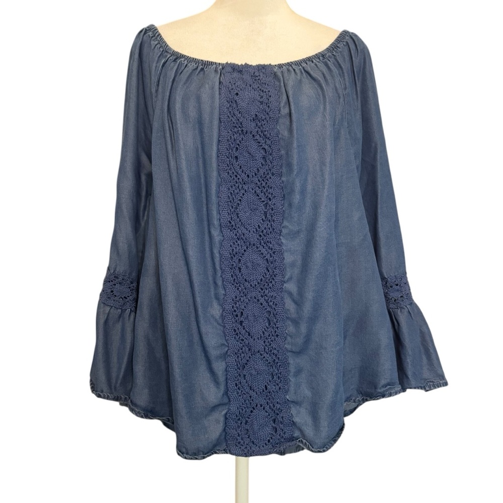 ALISON ANDREWS Top Size L Blue Smocked Embroidered Long Sleeve Off Shoulder